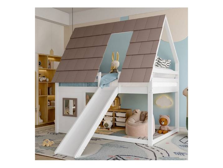 STILVORA Etagenbett 140X200 Jugendbett in Hausform,Kinderbett mit Dach,Leiter und Rutsche (140x200 Holzhaus-Etagenbett mit Dach, Rutsche & Leiter – Stabile Konstruktion aus Kiefernholz, sicher für Kinderzimmer., 140X200), mit Dach, Leiter und Rutsche