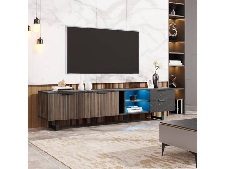 Meuble TV 200cm Effet Marbre Noir et Bois avec LED Multicolore Rangement 6 Zones