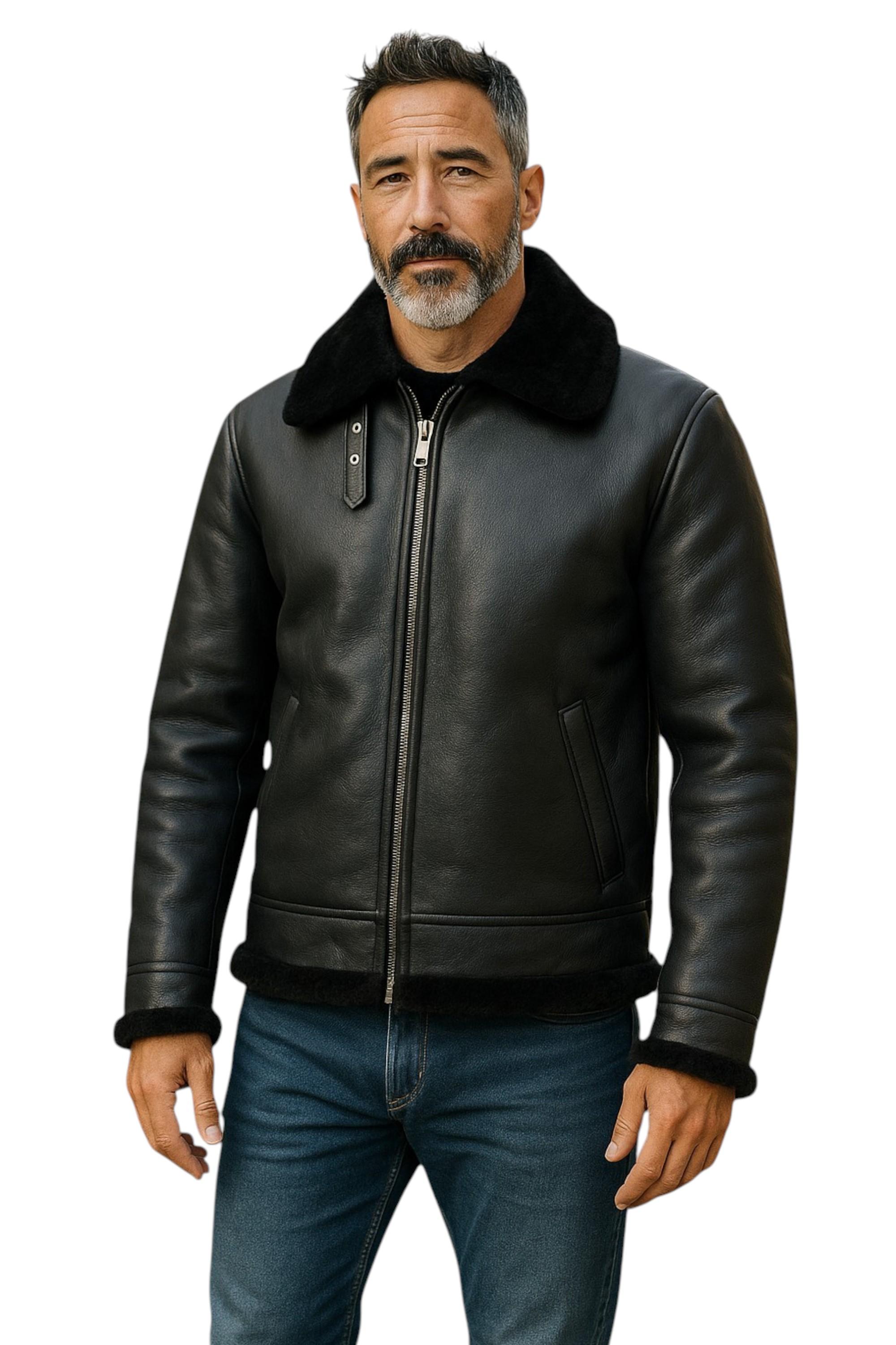 Herren Fliegerjacke B3 Aviator aus echtem Schaffellleder, Schwarz, Oxford