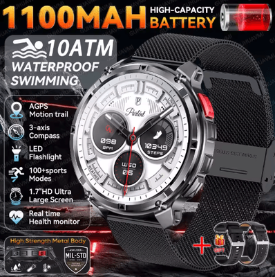Inspire Picks 2026 T Rex3 Pro Military GPS Smartwatch 1100mAh Long Standby Rugged Outdoor Watch black Mesh Belt 2a