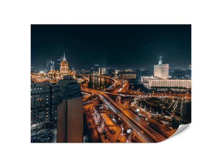 FOTOTAPETE für Wohnzimmer Moskau Nacht Panorama Metropole Straßen 200x140