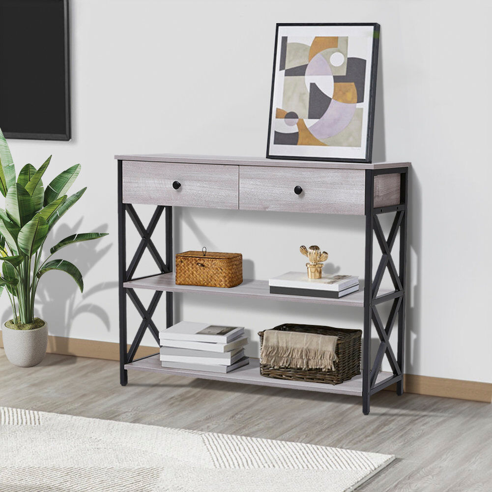 Brambly Cottage Deford 100cm Console Table: Stylish Storage with Drawers & Durable Steel Frame Rustic Grey 80cm H X 100cm W X 30cm D
