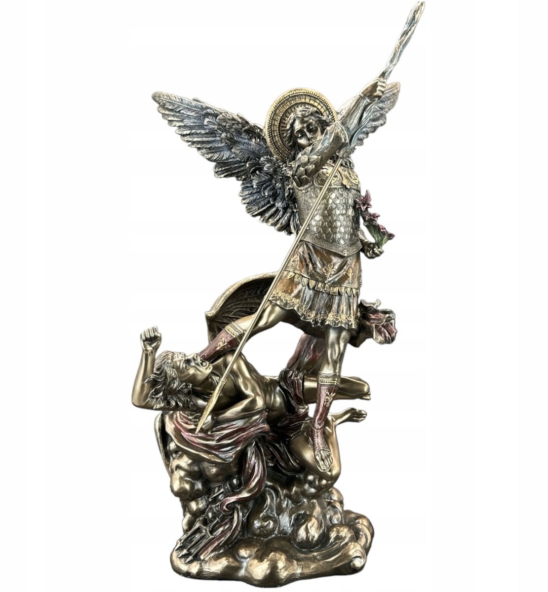 Merloos Heilige Michaël sculptuur op demon, bronskleurig, Hoogte: 33 cm