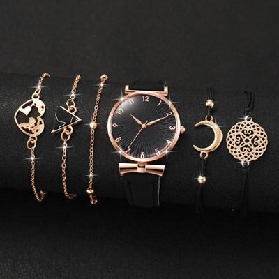 Fusion Finds Women's Watch Set With Leather Strap Quartz Watch And Matching Bracelets e Set