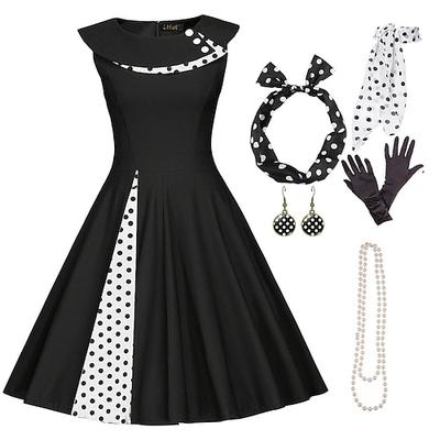 50er Jahre Outfit Schlagkleid 7-tlg 50er Jahre Accessoires Set Retro Vintage Swing Kleid Damen Cosplay Kostüm Party Date Festival