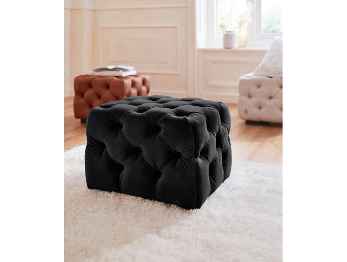Polsterhocker, Schwarz, 65x42x55 cm, Struktur & Leder, Chesterfield, Klassisch, Home-affaire