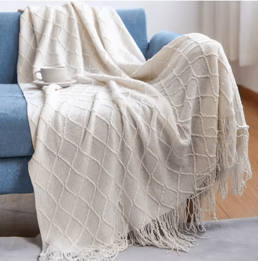 Inspire Curations Mustard Yellow Geometric Knitted Throw Blanket With Fringe diamond Cream White 150x230cm