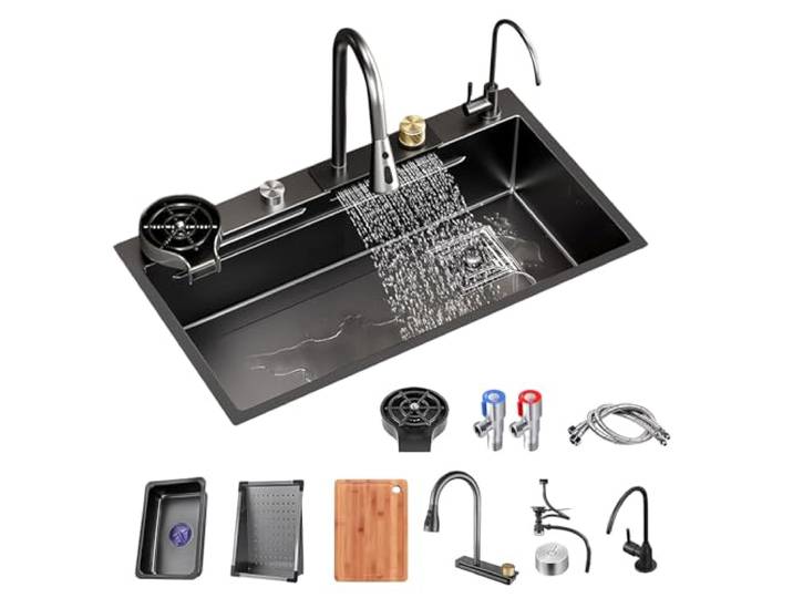 Wasserfall-Küchenspüle Aus Edelstahl 304, Mit Herausziehbarem Wasserhahn, Multifunktionale Arbeitsspüle, Mit Tassenspüler, Abflusszubehör, Küchenbar-Vorbereitungsspüle (S : 68x45x21cm)