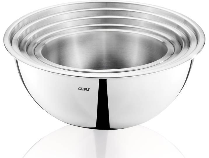 Rührschüssel GEFU Edelstahlschüssel-Set, 5-teilig Schüssel-Set , silber, B:26cm H:10,5cm L:26cm T:26cm Ø:26cm, Edelstahl, Schüsseln, Rührschüssel, stapelbar, praktischer Schüttrand für tropffreies Ausgießen