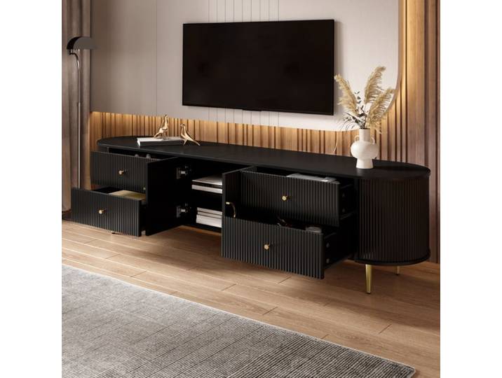 Meuble TV 180x40x38 cm avec structure ondulée 3D et rangement MDF noir