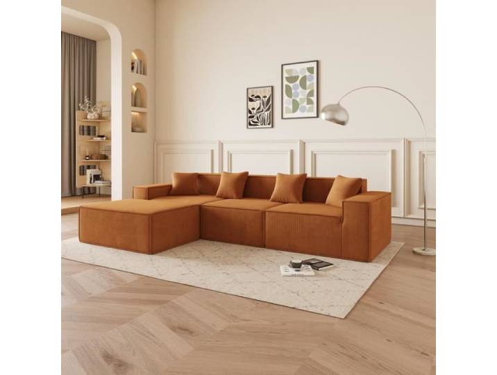 Grand Canapé d'Angle en Mousse avec Méridienne couleur orange