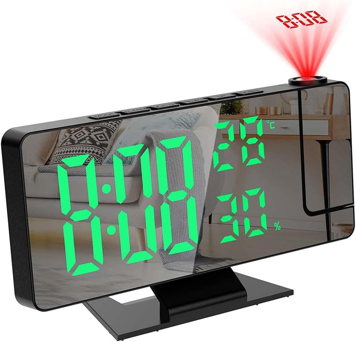 Digitale projectiewekker met temperatuur- en vochtigheidsweergave en draaibare projectie - Groen LED-display