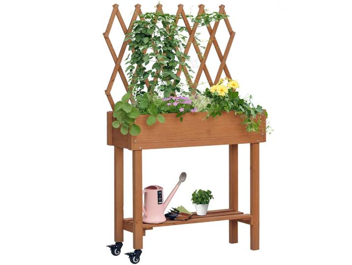 ComfortXL Hochbeet De-07812 integriertes Spalier & Ablageregal Braun, Holz, 79x130x29 cm, Gartenzubehör, Hochbeete