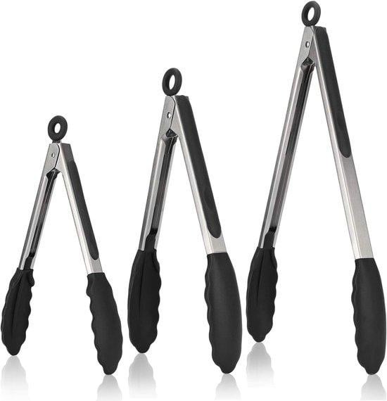 Set van 3 zwarte barbecuetangen van 18/8 roestvrij staal met hittebestendige siliconen handvatten