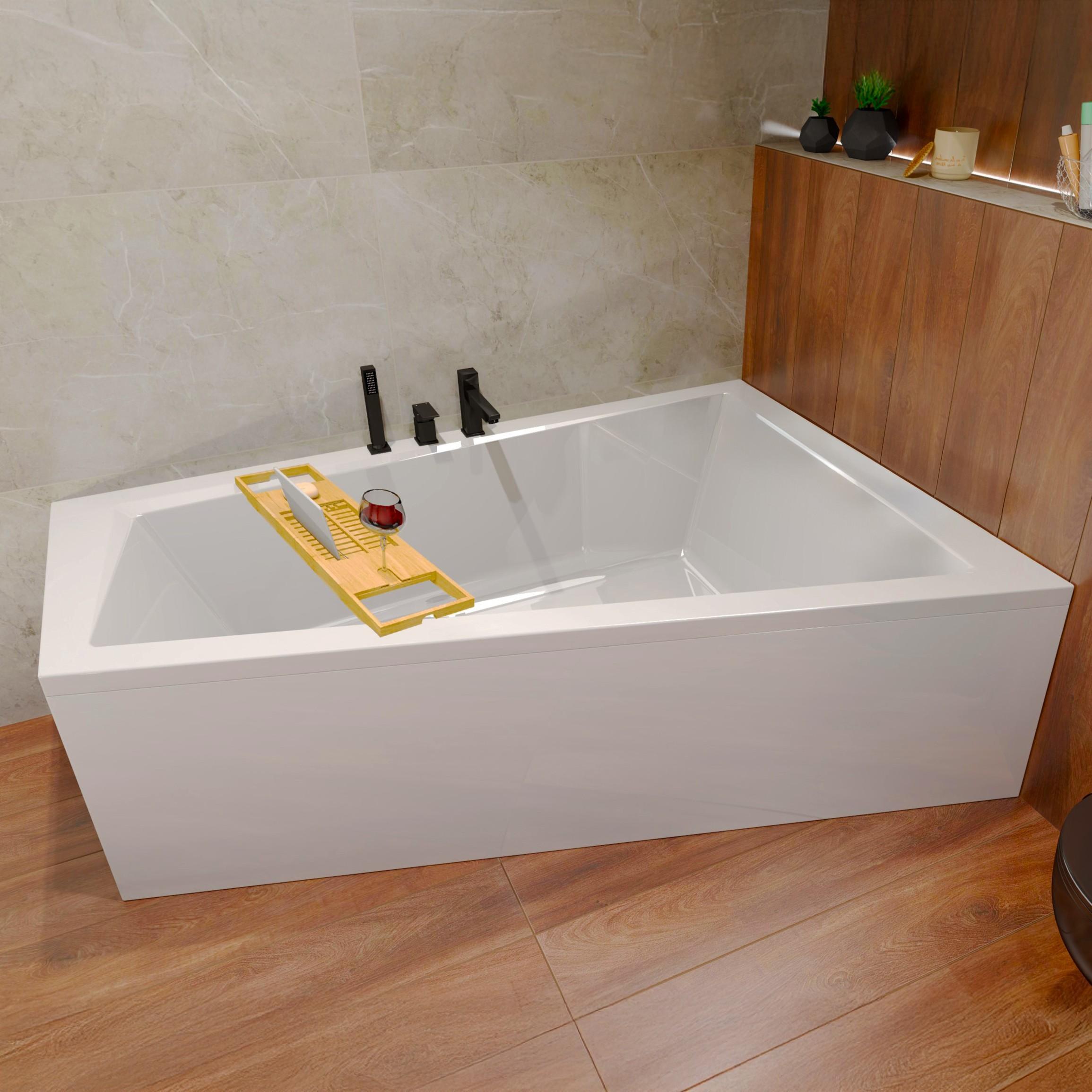 Badewanne Eckwanne Set 5in1 160x90 Rechts + Verkleidung (AcrylSchürze) + Bambus Holzablage | BADLAND INTIMA