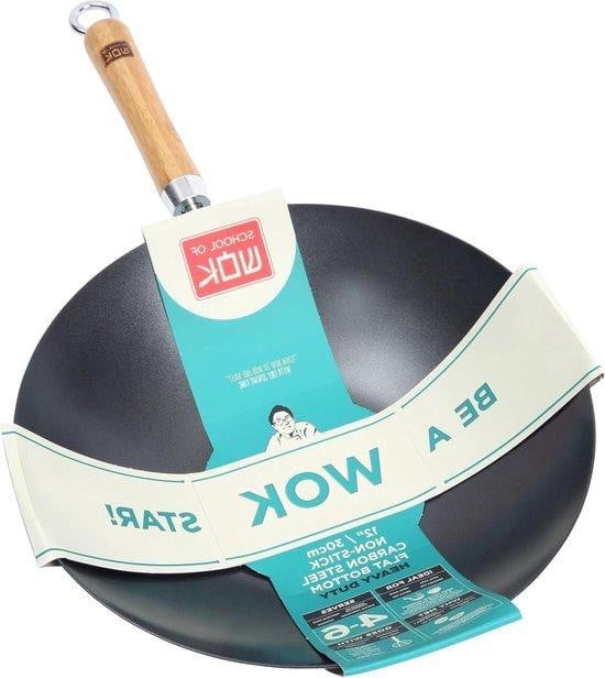 Non-stick koolstofstalen wokpan met bamboehandvat, zwart, 30 cm