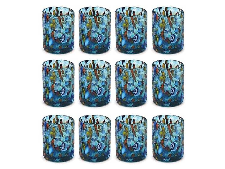 MAZZEGA ART & DESIGN Shot-Gläser für Tequila und Likör aus mundgeblasenem und handgearbeitetem Murano-Glas mit Muranoglas-Murrinen, Murano-Farben, Modell SHOT 70 ml (Himmelblau, 12)