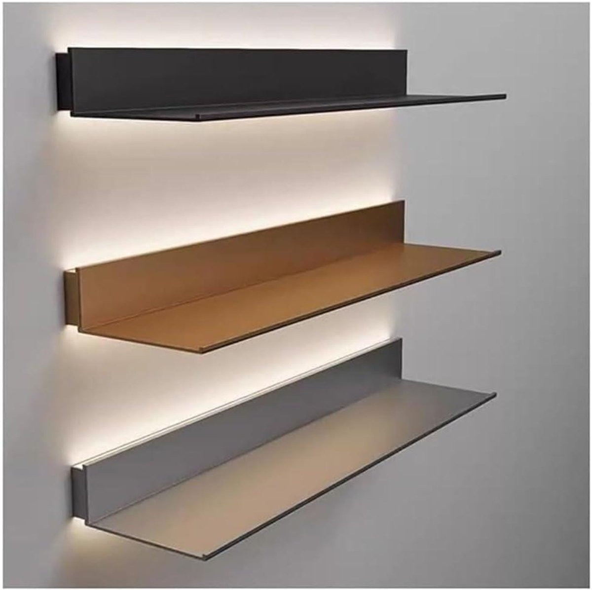 Zwarte moderne zwevende Led Wandplank met ingebouwde verlichting