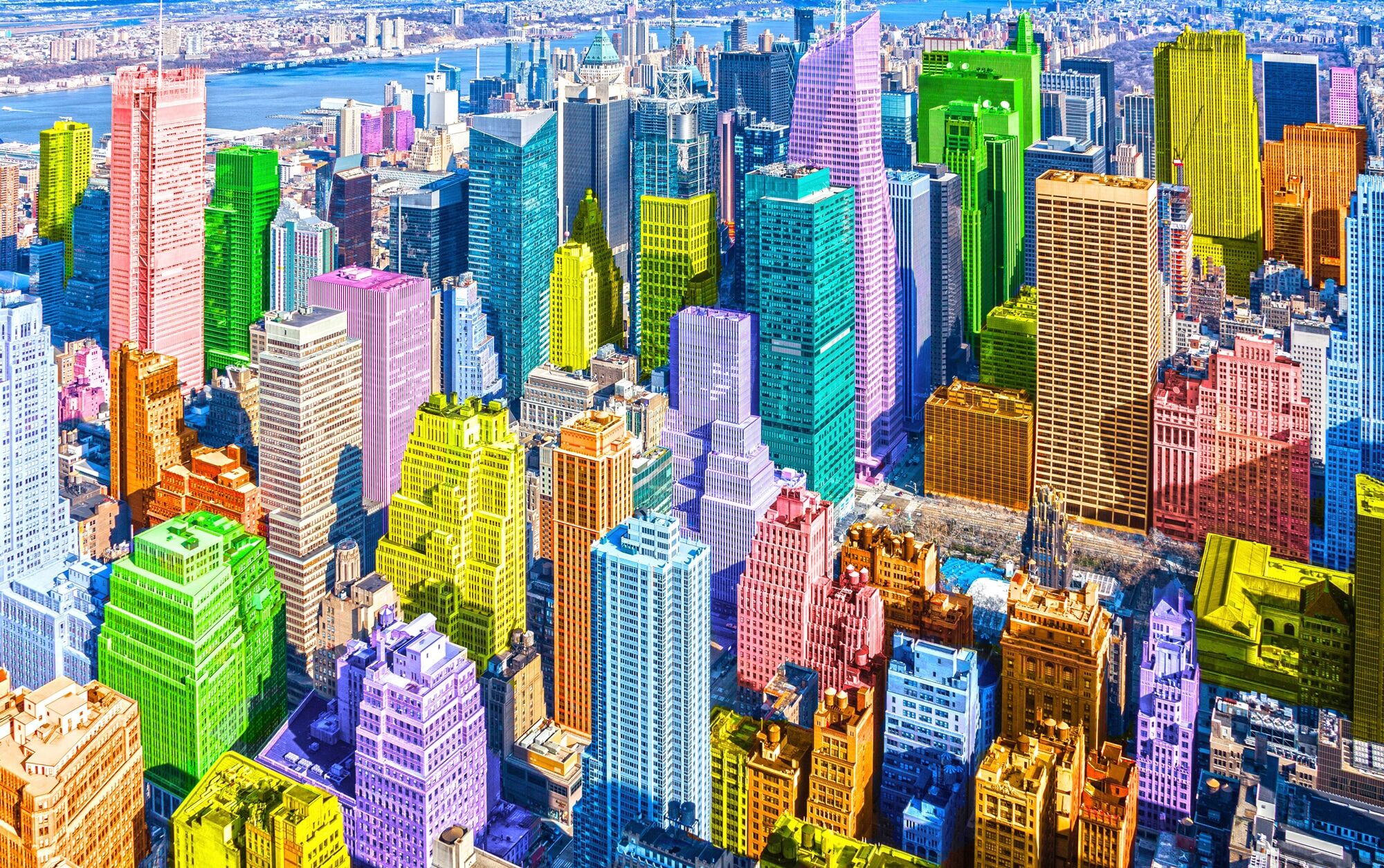 Fototapete PAPERMOON "POP ART-NEW YORK MANHATTAN KUNST SKYLINE STADT FARBIG", bunt, B:2,5m L:1,86m, Vlies, Tapeten, Fototapete bunt B/L: 2,5m x 1,86m, Bahnen: 5 Stk.