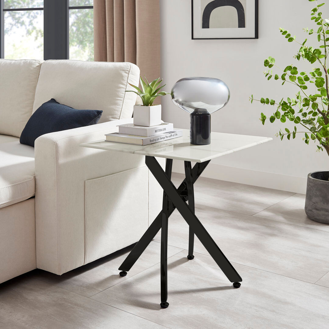 Ivy Bronx Atal Marble Effect Sofa Side Table - Glass Topped Metal Leg Small Table Black Powder Coated Metal/White Marble Effect 55cm H X 55cm W X 55cm D