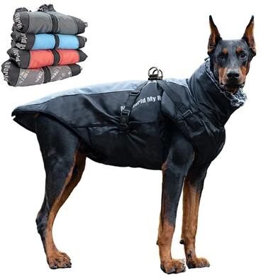 ModernMart Large Dog Winter Coat: Waterproof Jacket With Harness & Furry Collar Colorful Blue 5XL