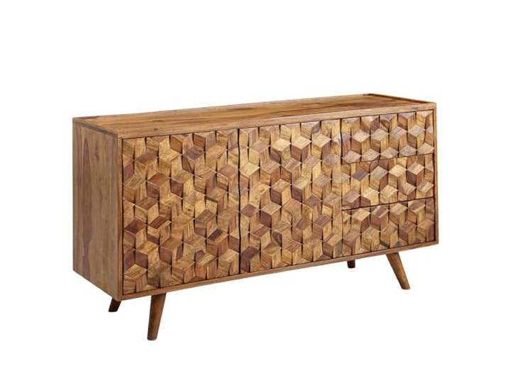 FineBuy Sideboard Sheesham Massivholz 140 cm mit 2 Türen & 3 Schubladen - Massive Retro Kommode mit Holz Füßen - Design Natur Anrichte - Handmade