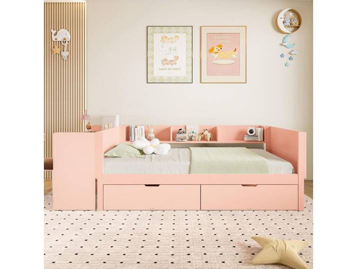 Lit Combine Lit plat en bois 90 x 200cm avec bureau 2 tiroirs - SWEIKO - Rose