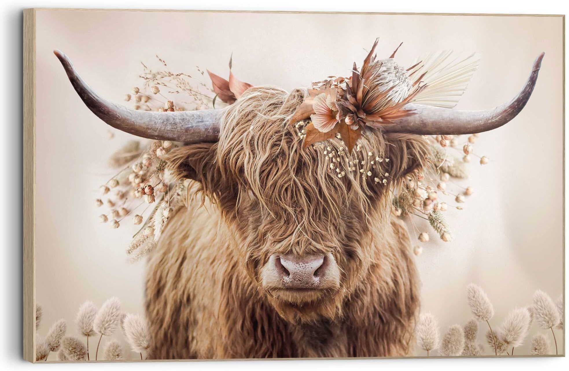 Reinders! Wandbild REINDERS "Highlander in Blumen", beige (farbe bild(er): beige), B:60cm H:90cm T:3cm, MDF, Bilder, Wandbild farbe bild(er): beige B/H/T: 60cm x 90cm x 3cm