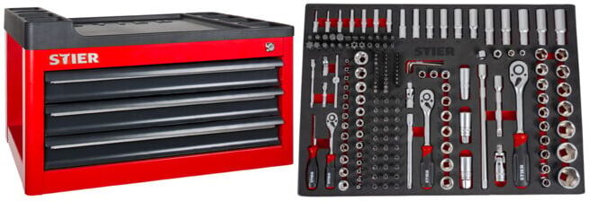Set STIER Werkstattwagenaufsatz leer + Steckschlüssel-Satz 1/4'' 3/8'' 1/2'' 179-teilig
