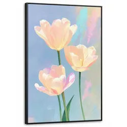 LEINWAND Bilder mit Rahmen - Tulpen - Rosa Akzente - Blau - 80x120