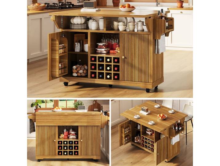 Chariot de cuisine multifonction 142x80x95cm marron plateau extensible rangements porte-bouteilles étagères charge 60kg