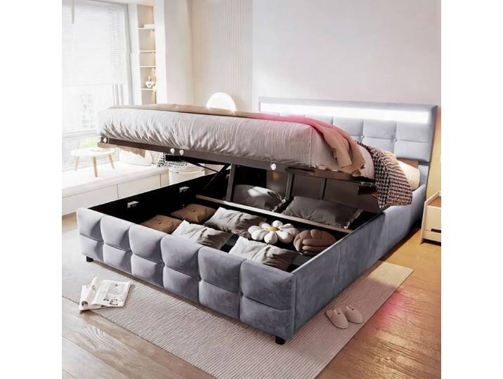 Pour chambre à coucher: cool gris velours hollandais lit tapissé 2 places 180x200 cm avec rangement style élégant