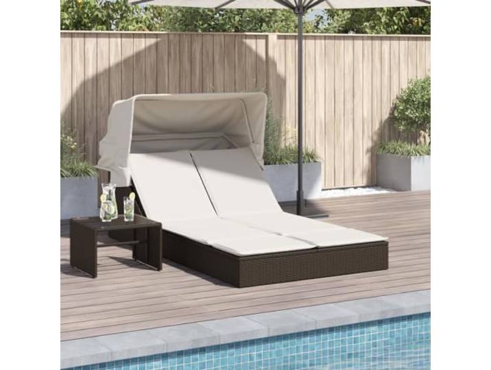 HFUDPOF Doppelliege mit Dach und Auflagen, Poly Rattan, Braun, verstellbar PE-Rattan, zweifach verstellbar, ausziehbares Dach, abnehmbare Bezüge, 110 kg pro Sitzplatz