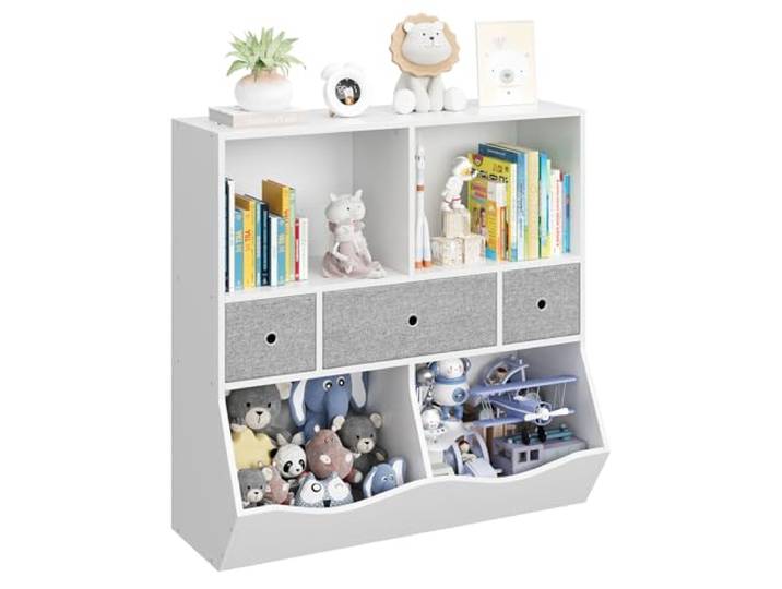 Euker Kinder-Bücherregal & Spielzeug-Organizer, 3-stufiges Aufbewahrungsregal mit 7 Fächern & 3 beweglichen Schubladen, für Kinderzimmer/Spielzimmer/Kindergarten/Flur - Farbe: Weiß