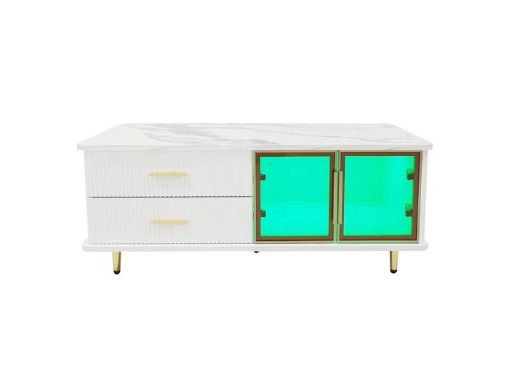Redom Couchtisch, Marmortischplatte, braunes gehärtetes Glas, Led, 2 Schubladen & 2 Türen, 100/50/40 cm, Weiß + Golden, 50x40x100 cm, Wohnzimmer, Wohnzimmertische, Couchtische