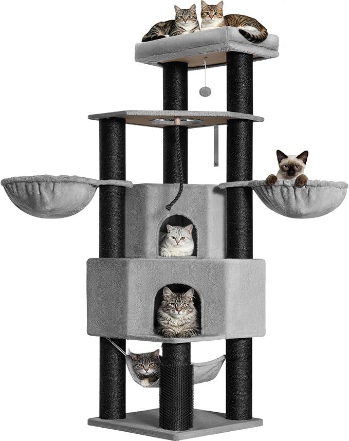 Kratzbaum Große Katzen Stabil, XXL Katzenbaum, 183 cm, Hellgrau | Großen Höhlen, 11 cm Dicker Sisalpfosten, Plattformen, Fellpflegegerät, Dickes Sisalseil, Hängematte, Pompons FPMS018FG1