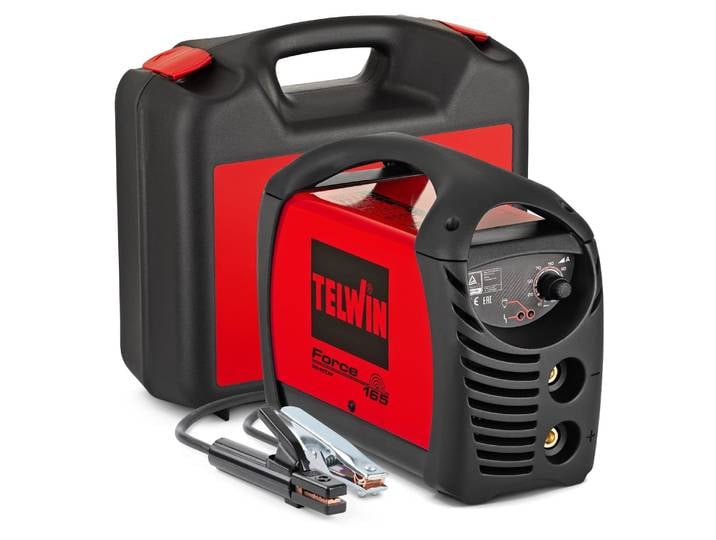 Telwin Force 165 Appareil de soudage à électrodes MMA avec technologie Inverter\, kit comprenant une mallette de transport\, une garniture de raccordement\, un câble de masse\, un marteau à laitier