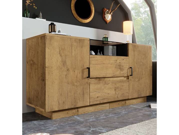 VUENOR Buffet bas 140x40x70 cm chene clair - 2 portes 2 tiroirs niche ouverte