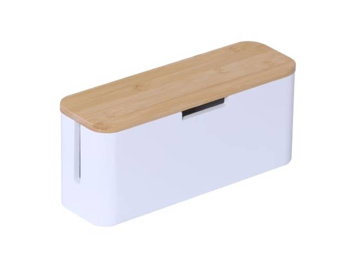 Relaxdays boîte à câbles pour multiprise\, Bambou\, Nature/Blanc avec couvercle\, 14\,5 x 34 x 13\,5 cm\, cache-câbles
