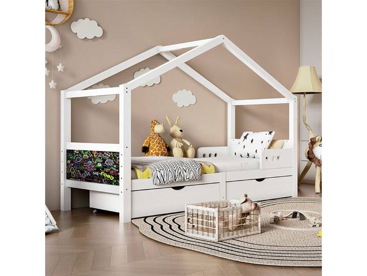 DRIPEX Lit enfant 90 x 200cm avec deux tiroir Lit maison avec tableau noir Blanc
