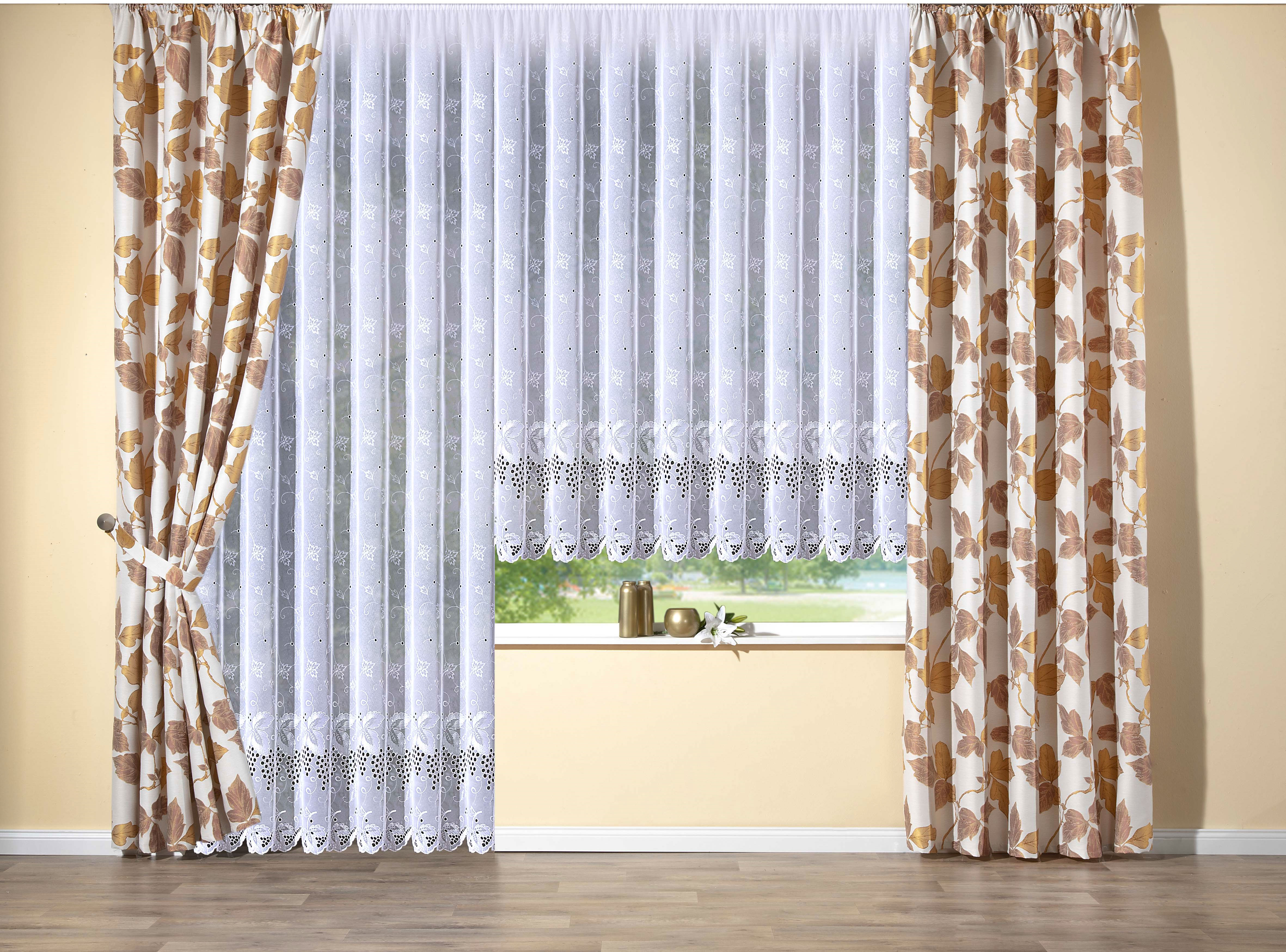 Gardine STICKEREIEN PLAUEN "Rebe" Gr. 15, weiss (weiß), B:750cm H:225cm, Sablé, Polyester, Gardinen, Gardine weiß 225cm, Kräuselband, 750cm