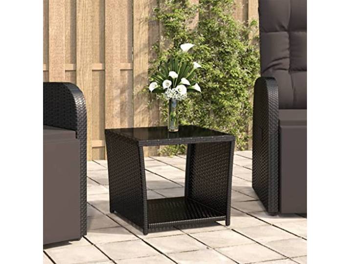 Beistelltisch mit Hartglasplatte Schwarz Poly Rattan und Stahlrahmen Wasserfest, wetterbeständig, pflegeleicht, pulverbeschichteter Stahlrahmen, mit Aufbauanleitung