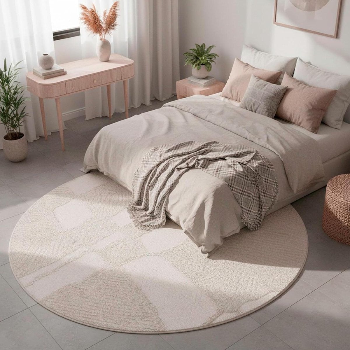 Rond Hoogpolig Vloerkleed met 3D Berber Effect in Nordic Wit