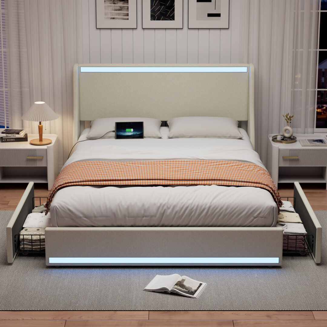 Marlow Home Co. Double Size Storage Platform Bed With Charging Station And Smart Control RGB LED Lights, Upholstered Bed Frame With Storage Drawers, USB & Type-C Char Beige 106cm H X 141cm W X 201.5cm L