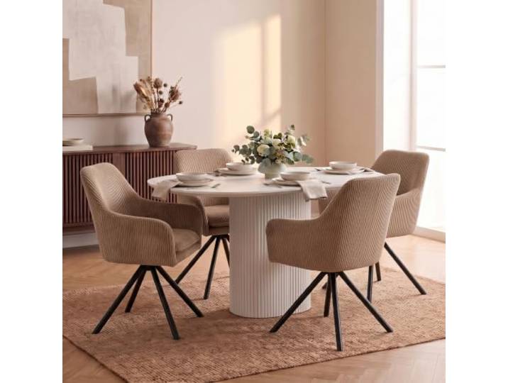 4er Set Esszimmerstühle „Elys“ – Drehbarer Armlehnstuhl aus Cord in Beige