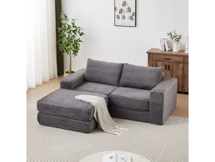DRIPEX Canapé d'angle modulaire 2 places en velours côtelé avec 2 coussins Canapé-lit avec repose-pieds amovible 194*169*74cm Gris
