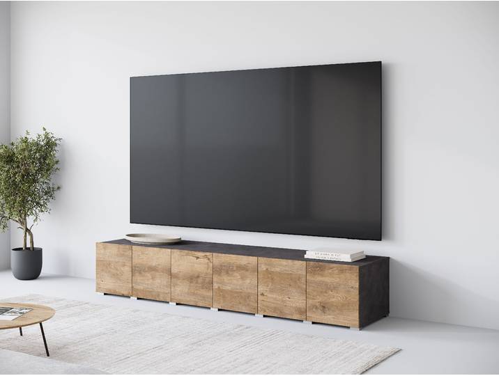 Lowboard GOODPRODUCT Denver Erlebe die Weltmeisterschaft im XXL-Format , matera anthrazit, kastanie breslau, B:219,6cm H:39,9cm T:49cm, Sideboards, Lowboard, Elegantes TV-Möbel 220 cm, speziell für bis zu 98-Zoll Fernseher