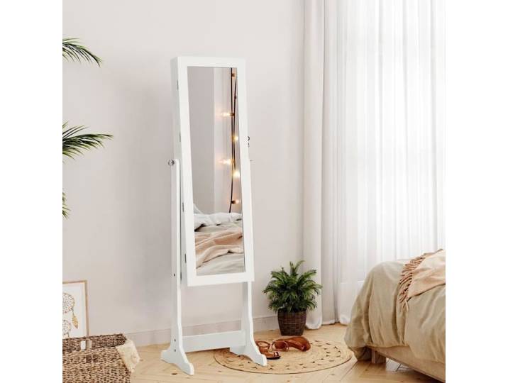 SONGMICS Armoire à bijoux LED avec serrure Miroir Toute-Longueur 5 Étagères 2 Tiroirs Blanc JBC94W