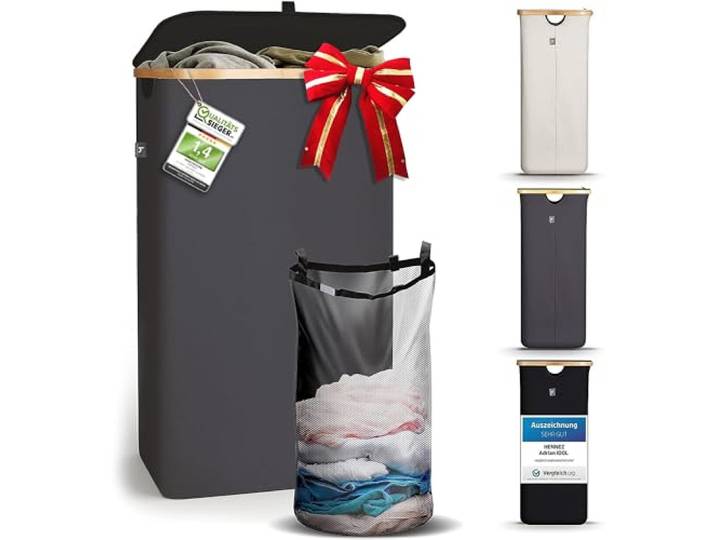 HENNEZ Wasmand met Deksel Wasbare wasmand Handdoekopslag Hamer Wasbak Badkameraccessoire 100 Liter – Grijs