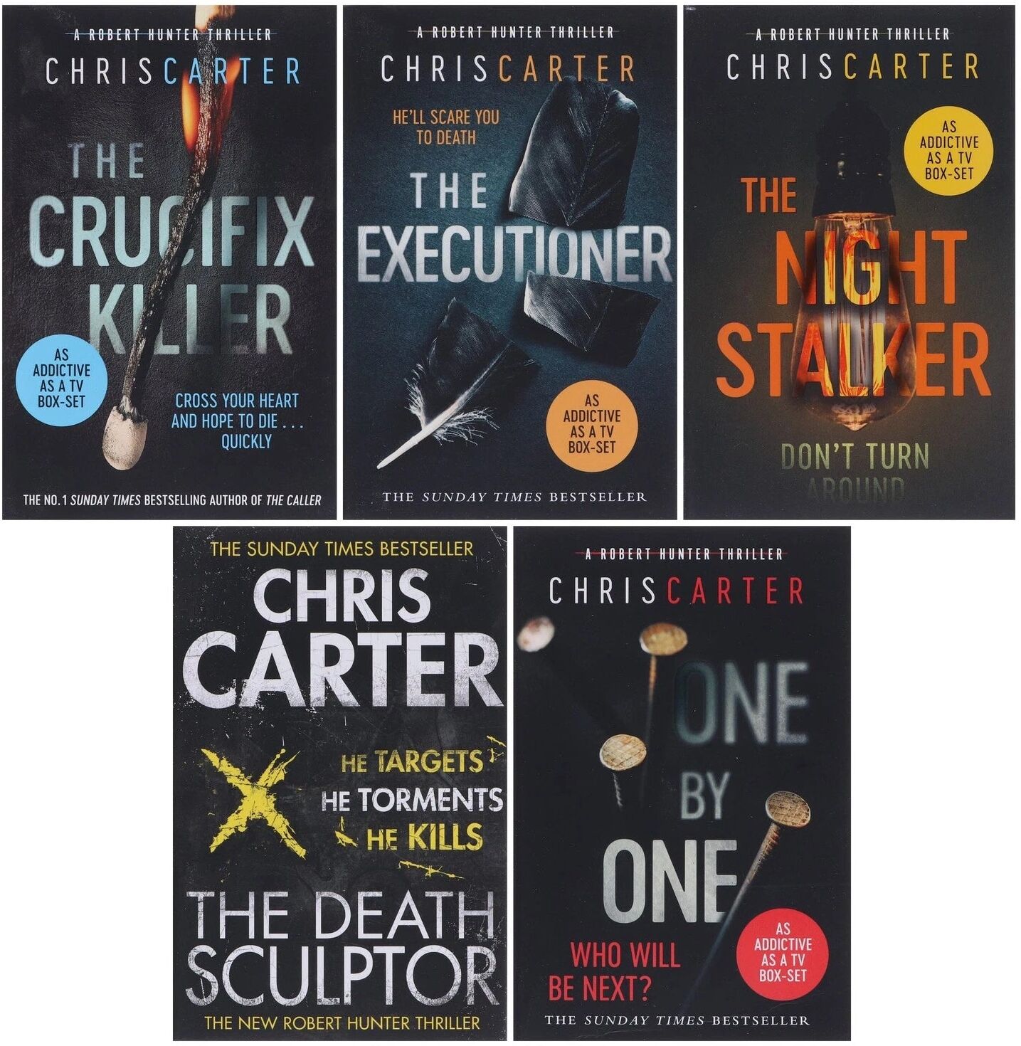 Simon and Schuster Robert Hunter Thrillers 5 Books Collection Set by Chris Carter (The Crucifix Killer, The Night Stalker, One by One, The Executioner, The Death Sculpto